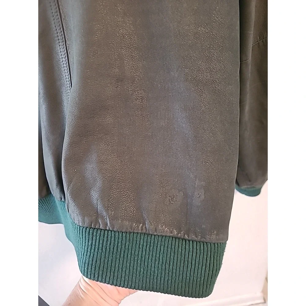 VTG Donna Pelle Men Large Green Genuine Leather Bomber Jacket Pockets Zipper